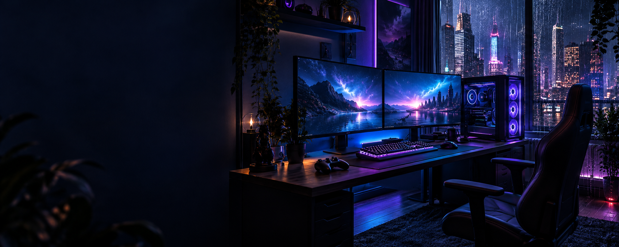 Setup gamer iluminado por luzes neon em uma noite chuvosa